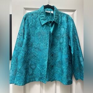Chico’s Teal Embroidered Silk Top Jacket Size 1 Med Butterflies